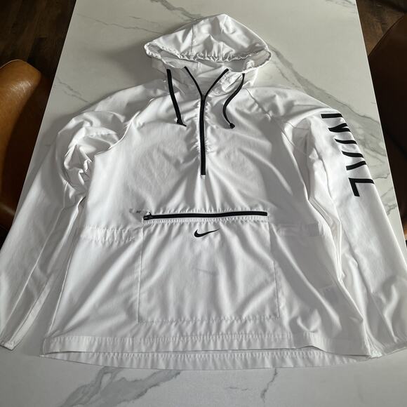 Nike Spell Out Dri-Fit Jacket Womens Size M White 1/4 Zip Hooded Long Sleeve EUC - Picture 1 of 13